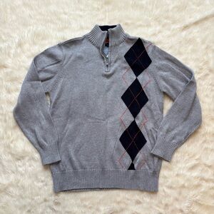 NWT Tommy Hilfiger Gray and Navy Argyle Quarter Zip Pullover Sweater Boys Large